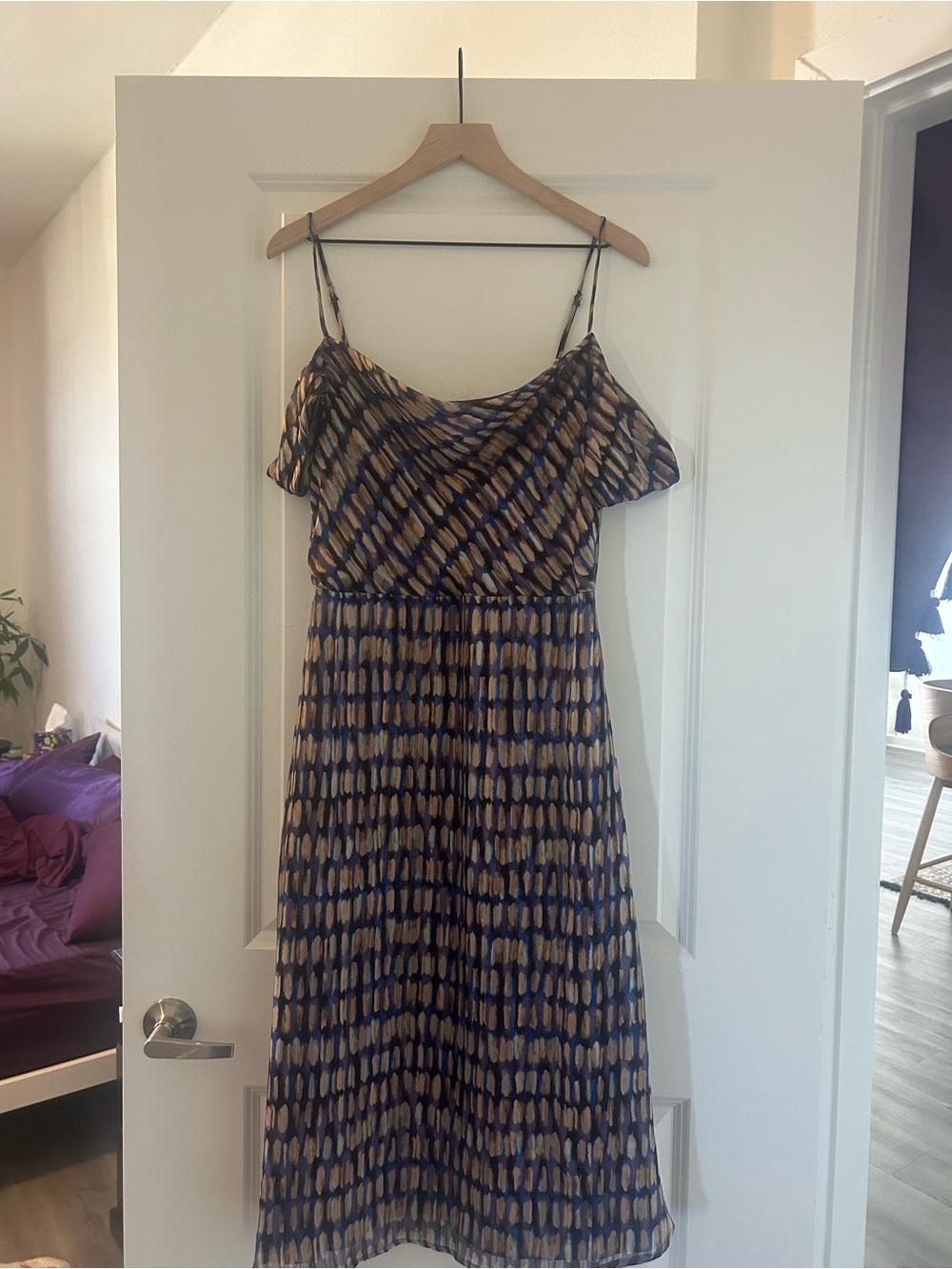 Lost + Wander Navy and Tan Off-Shoulder Midi Dress